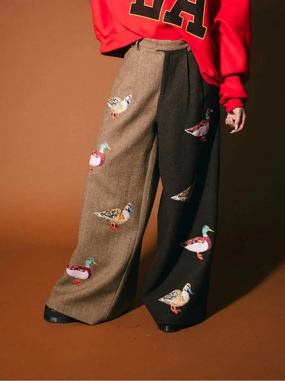 Dressed in lala Two-Tone Wide Leg Embroidered Duck Pants , S